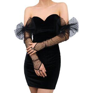 Women's Fingerless Black Long Bow Polka Dot Lace Gloves Sheer Party Accessories